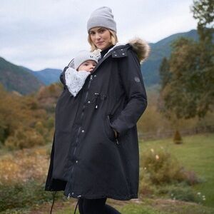 Seraphine Black Maternity Coat with Fur Trim